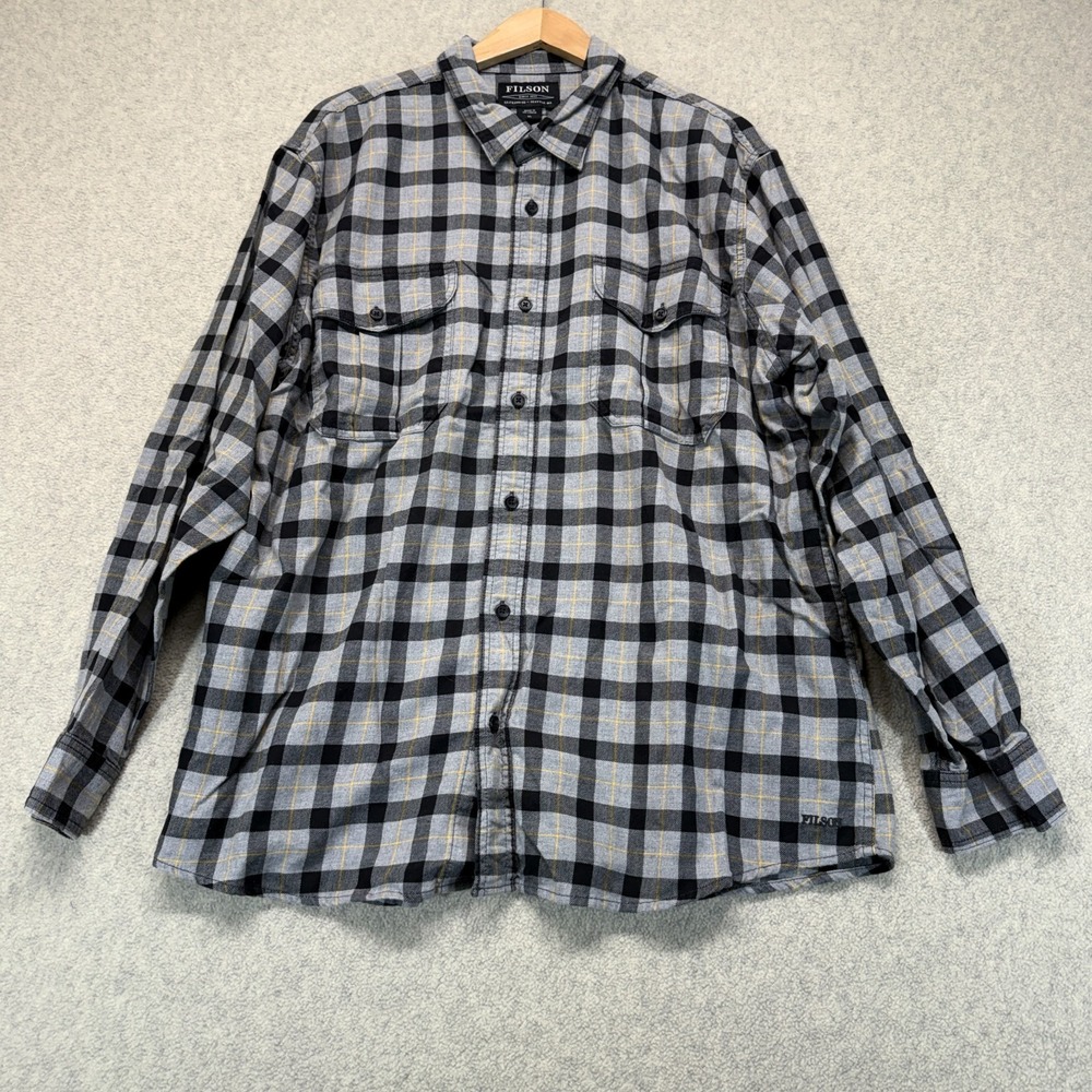 Filson Mens Button-Up Shirt Gray‎ Black Plaid Flannel Long Sleeve Pockets XL
